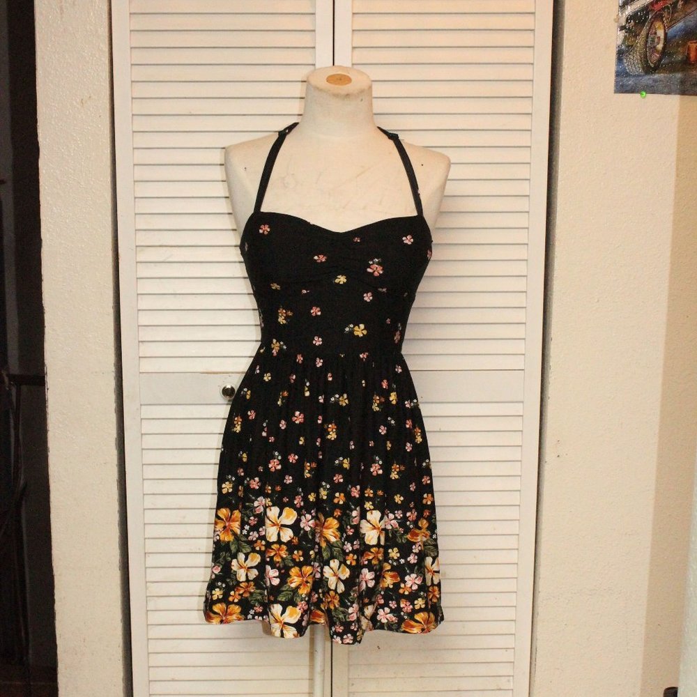 Summer Dress, Black with yellow and pink floral print, szMED (7-9)